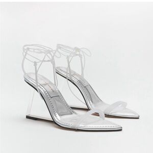 Good American Cinder-F*cking-rella Wedge Silver Clear Heels Size 11.5